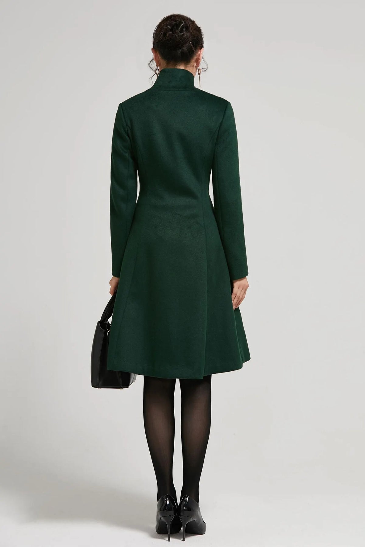 Emerald Green Wool A-Line Winter Coat - Vintage Stand Collar 2313