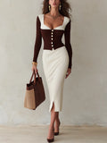 Refined Chocolate Brown Contrast Collar Knit Midi Set