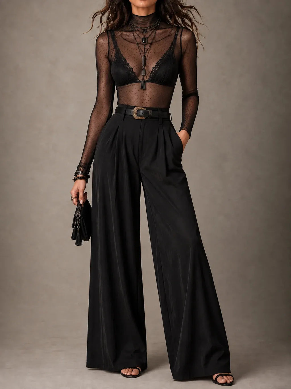 Sheer Dotted Mock-Neck Top
