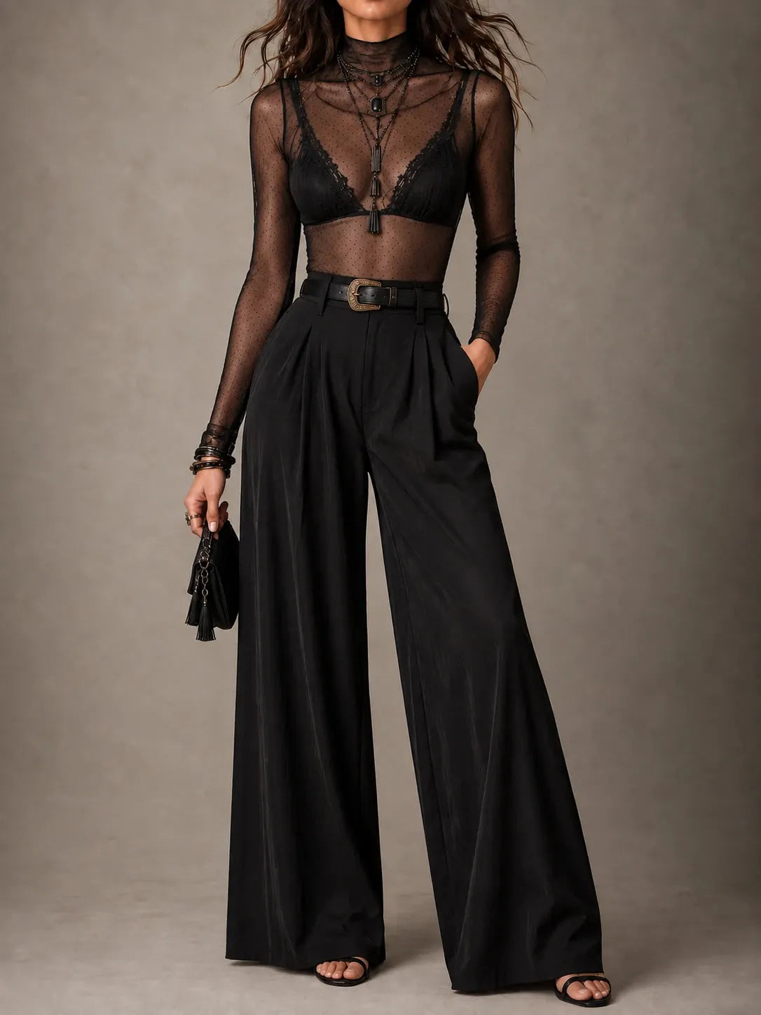Sheer Dotted Mock-Neck Top