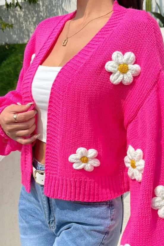 Floral Applique V Neck Button Knit Cardigan