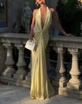 Halter Deep V Twist Satin Maxi Dress