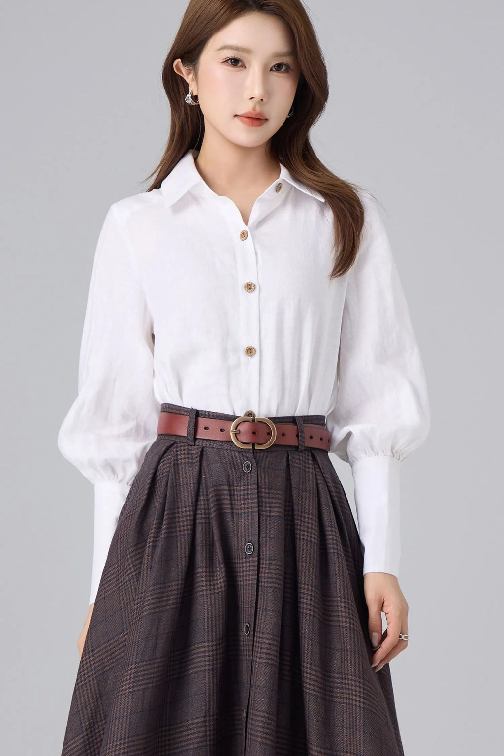 White Linen Cotton Shirt for Women – Puff Sleeve Vintage Inspired Button Blouse 