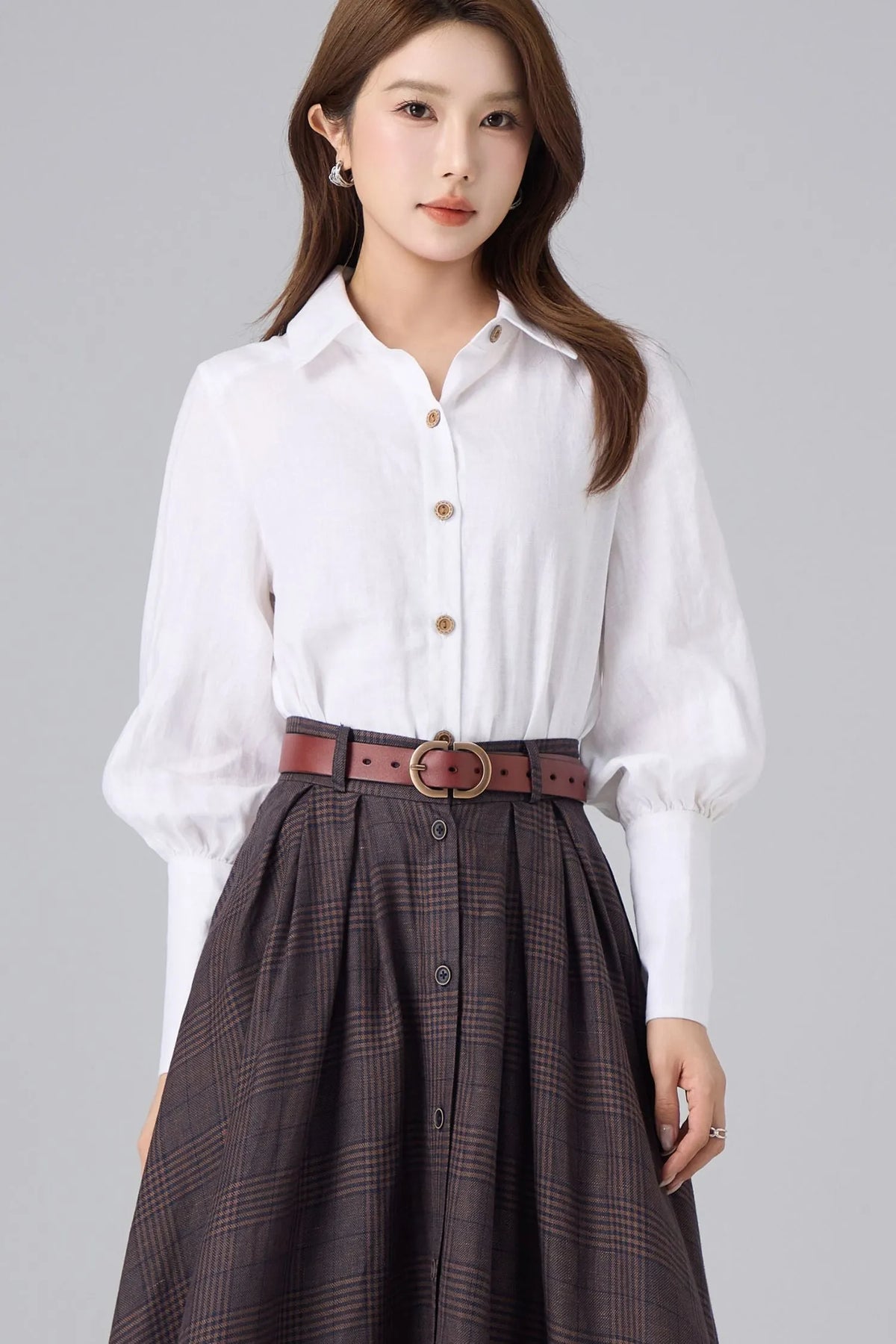 White Linen Cotton Shirt for Women – Puff Sleeve Vintage Inspired Button Blouse 