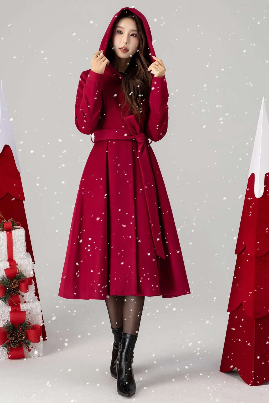 Red Wool Hooded Coat - Princess Silhouette with Belted Waist 6295