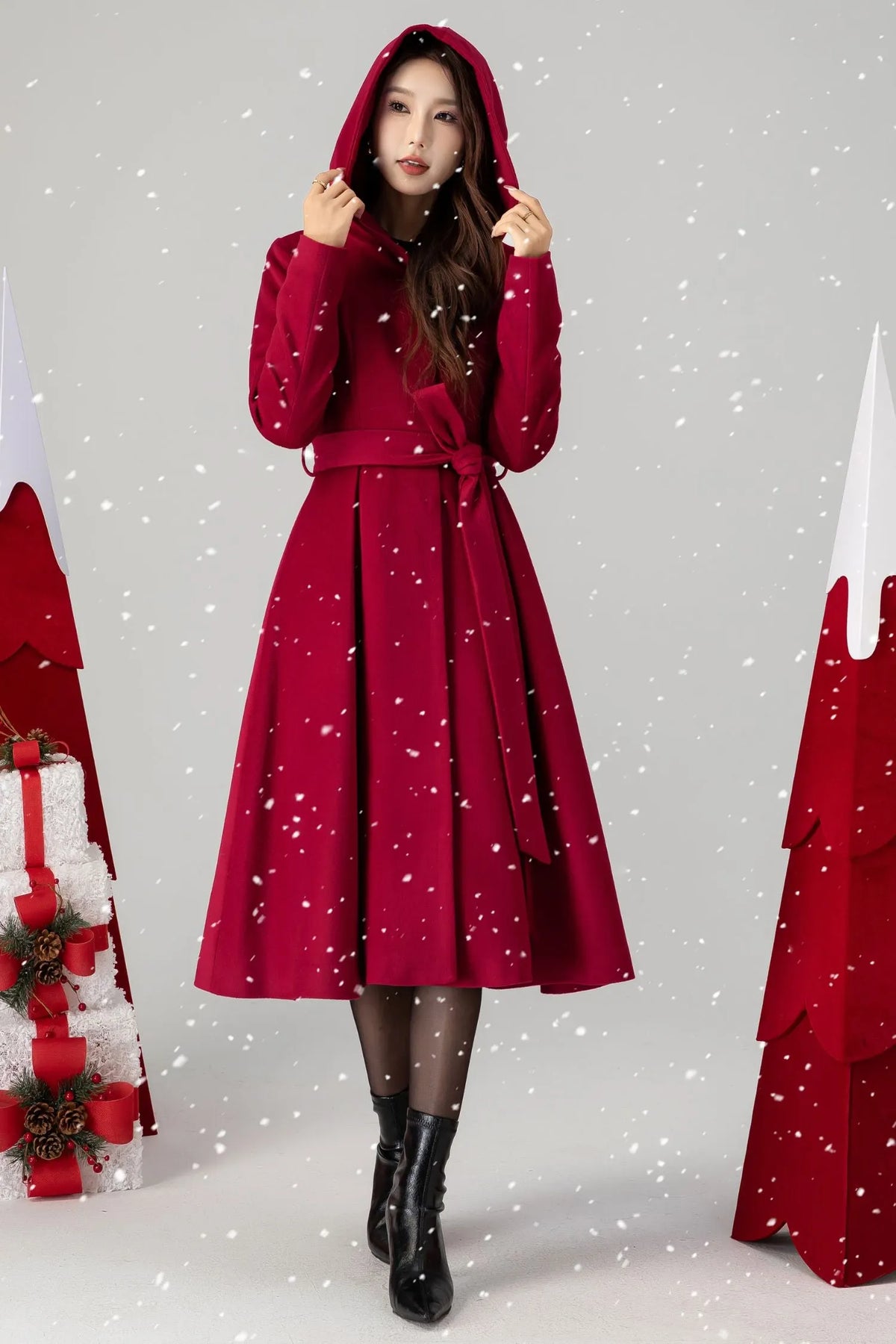 Red Wool Hooded Coat - Princess Silhouette with Belted Waist 6295