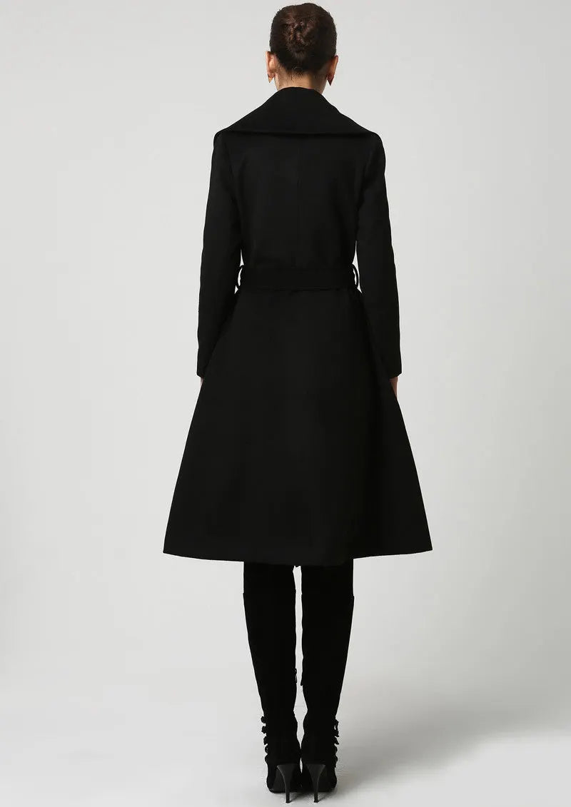 Vintage Wool Coat for Women – Handmade Black Belted Winter Coat with Double Folded Collar 