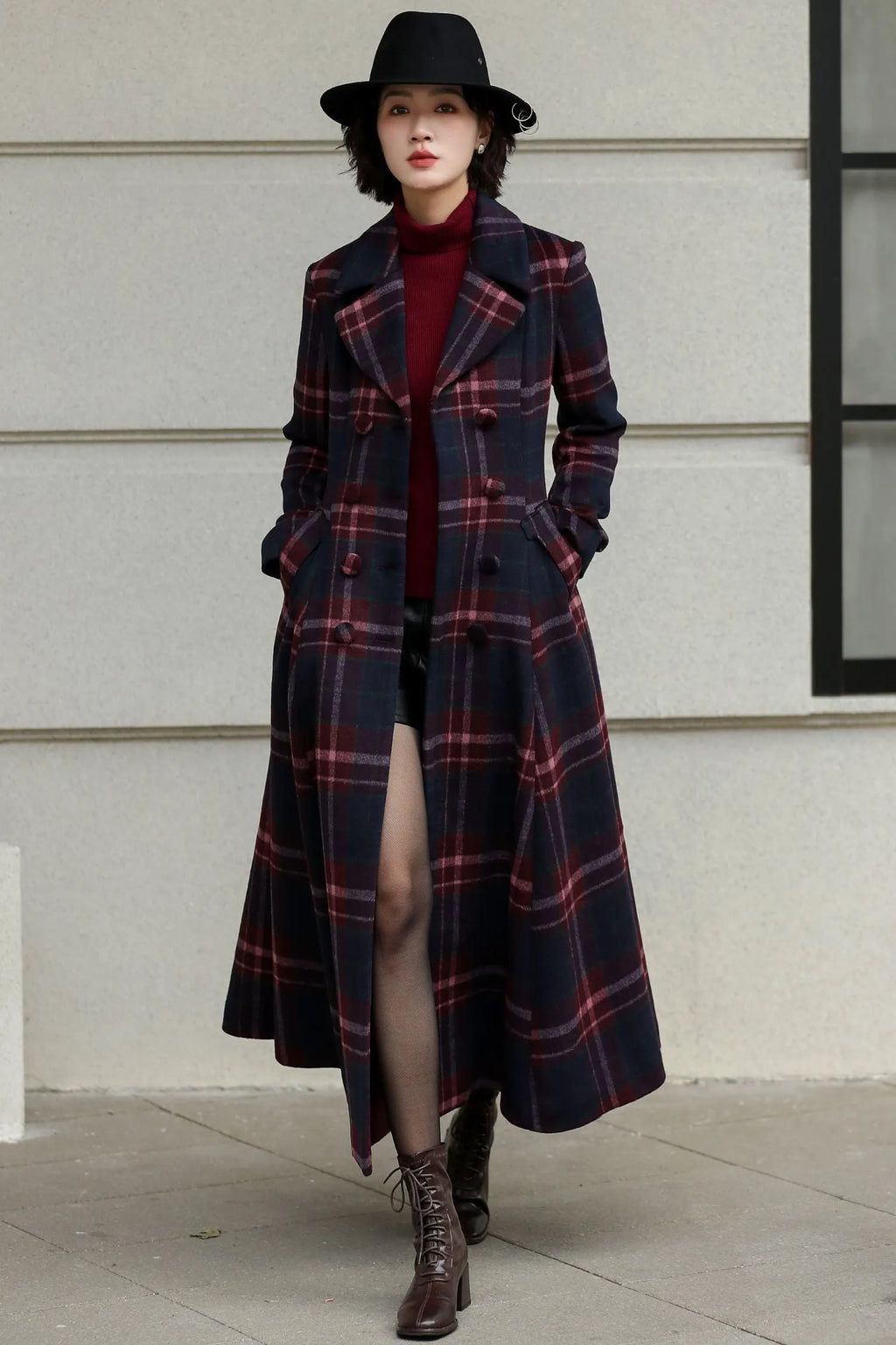 Plaid Wool Swing Coat – Vintage 1950s Double Breasted Long Overcoat 6536