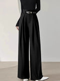 Solid Belted Pleated Trendy Wide Leg Pants