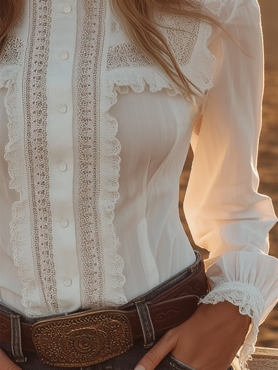 【24-hour shipping out】Western-style White Lace Button-down Shirt