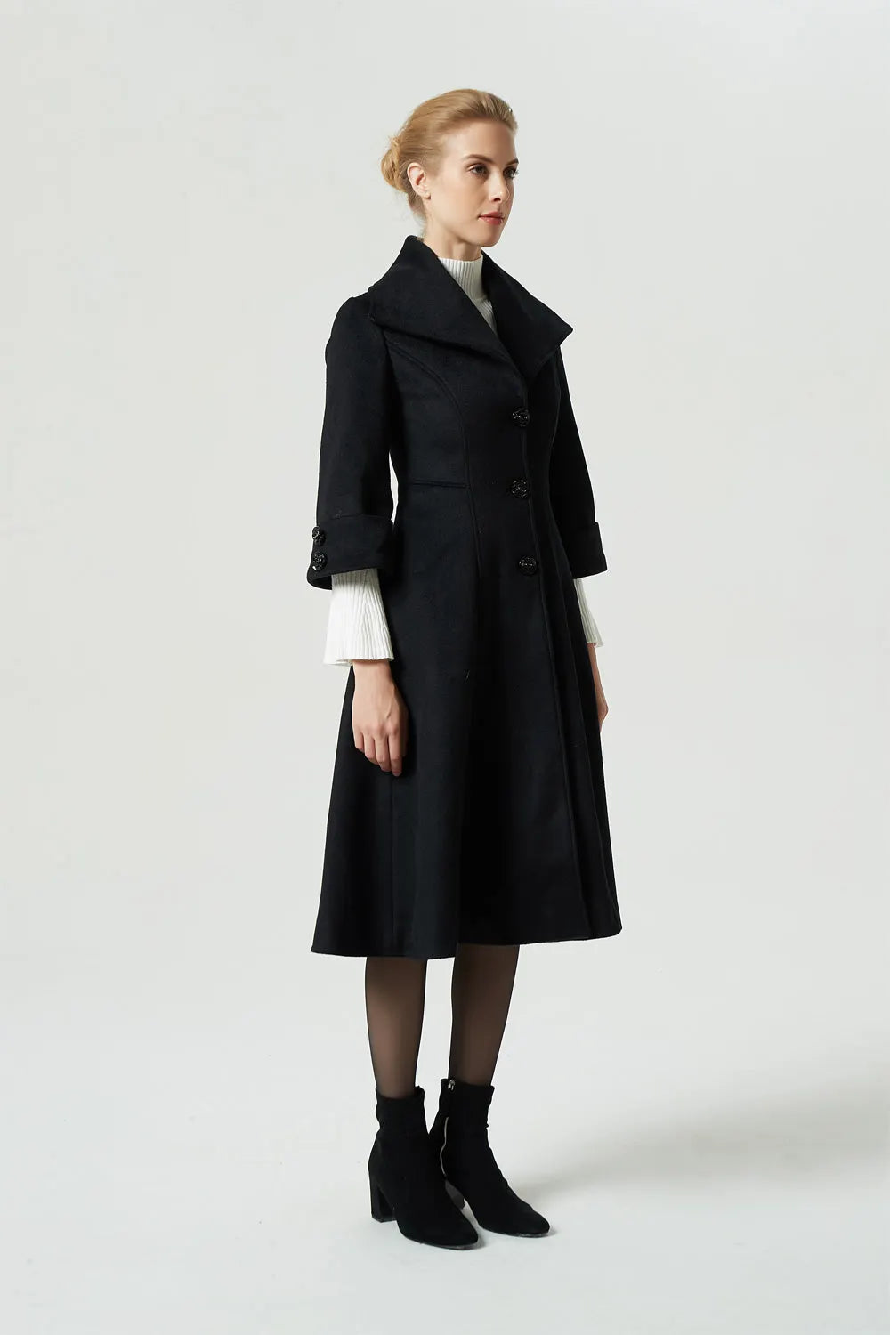 Black Wool Winter Coat – Big Lapel Fitted Midi Coat with 3/4 Sleeves 