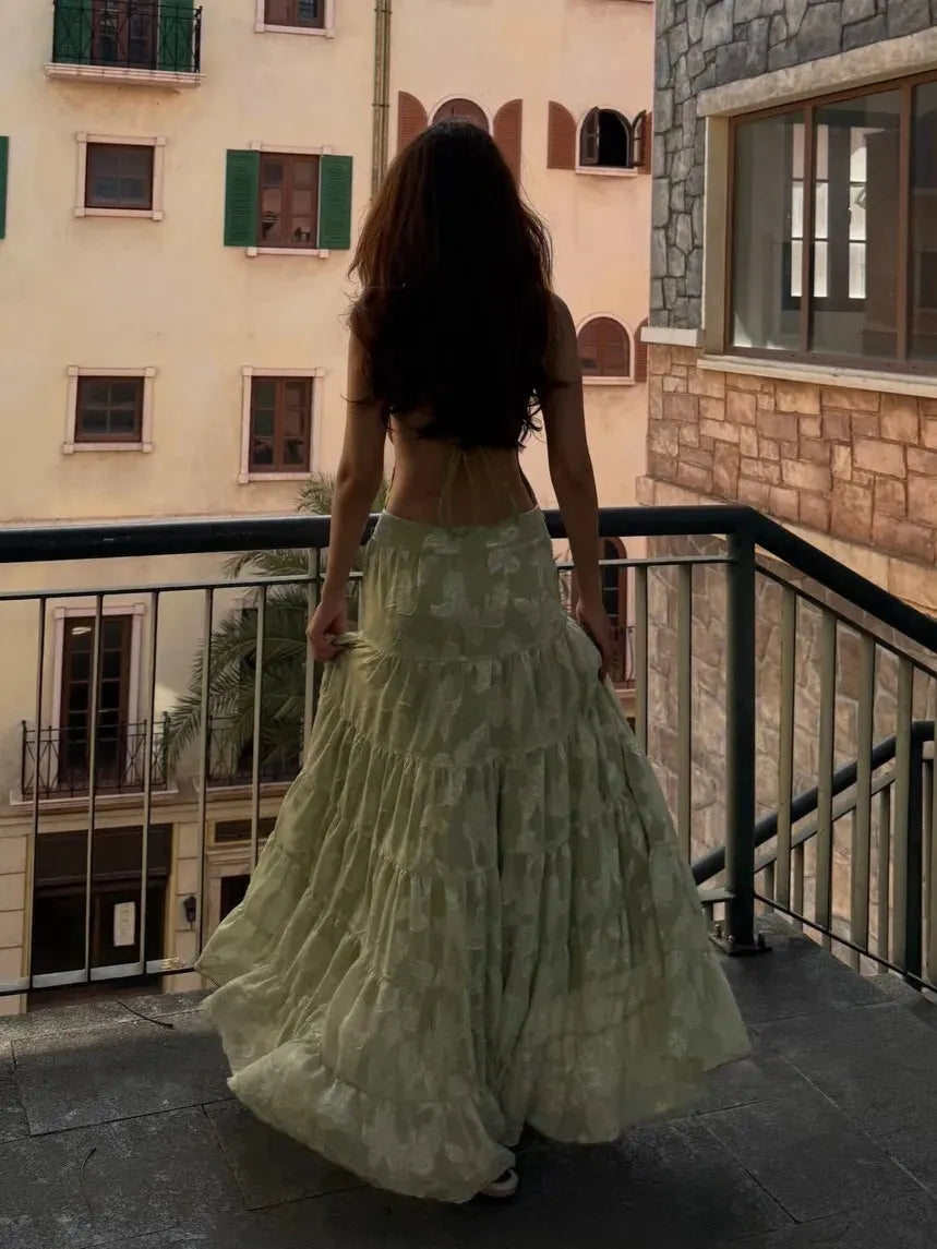 Light Green Jacquard Open-Back Tiered Maxi Dress