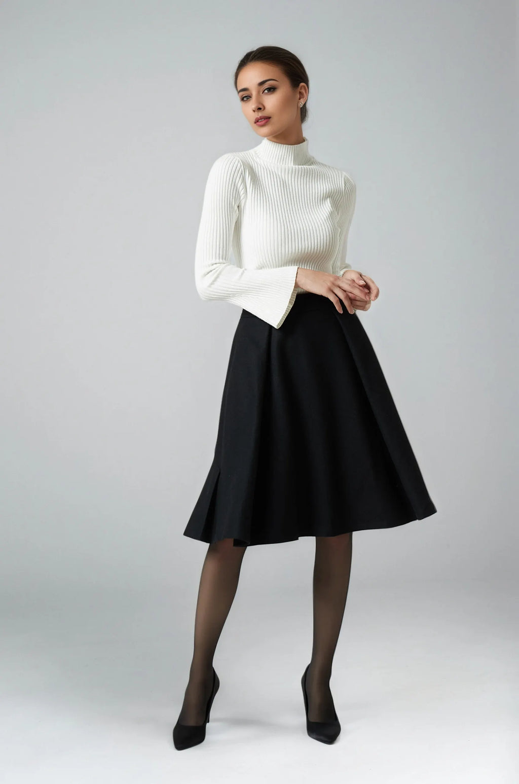Black Wool Knee Length Skirt - Pleated A-Line Silhouette 6291
