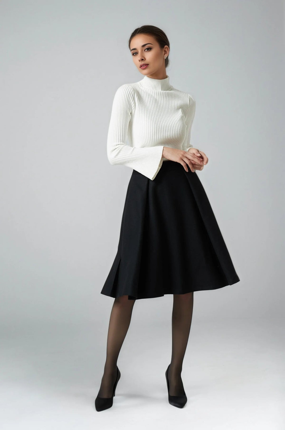 Black Wool Knee Length Skirt - Pleated A-Line Silhouette 6291