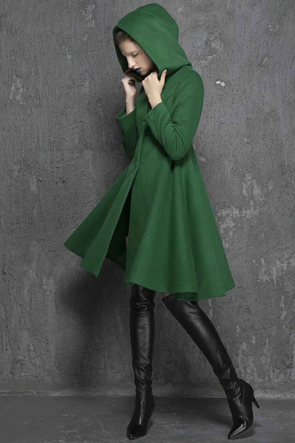 Green Wool Coat - Hooded Swing Empire Waist 1349