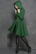 Green Wool Coat - Hooded Swing Empire Waist 1349
