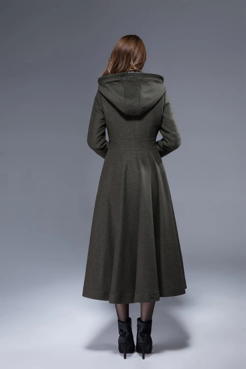Army Green Hooded Wool Maxi Coat – Ruffle Trim Fit & Flare Winter Coat 