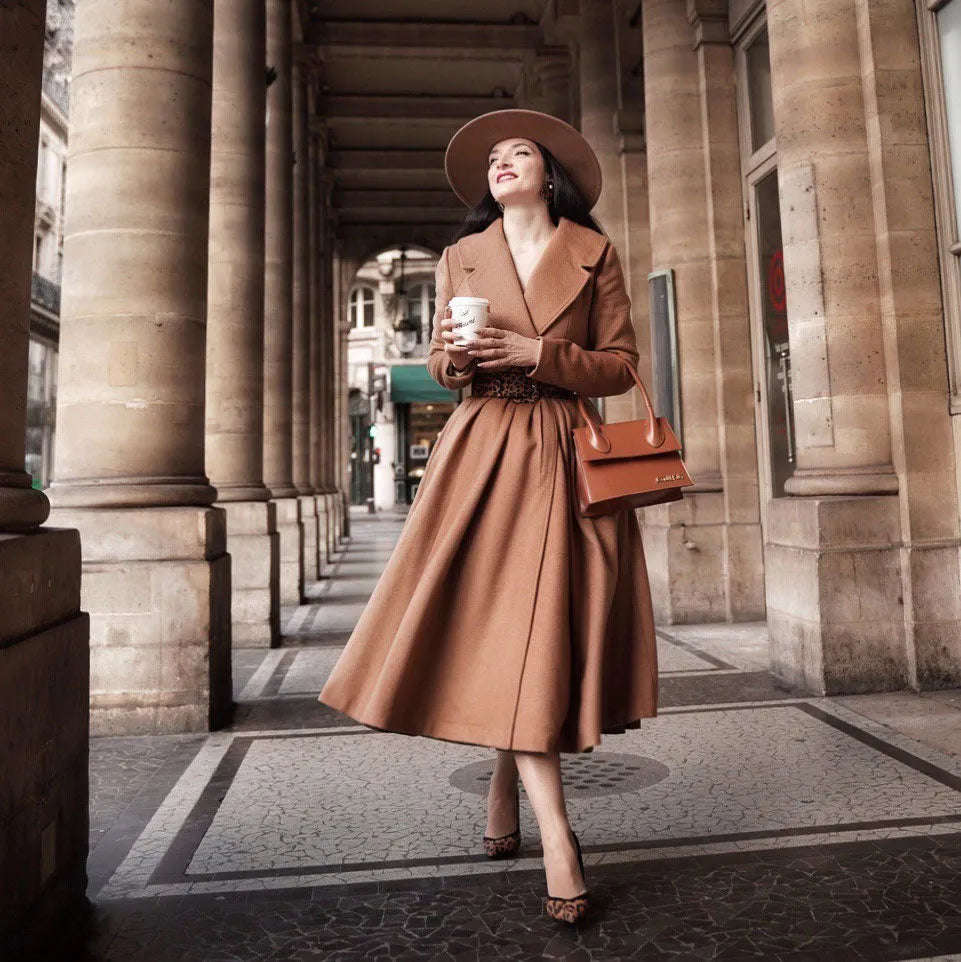 Elegant Camel Wool Blend Coat – Handmade Fit & Flare Midi Winter Coat 