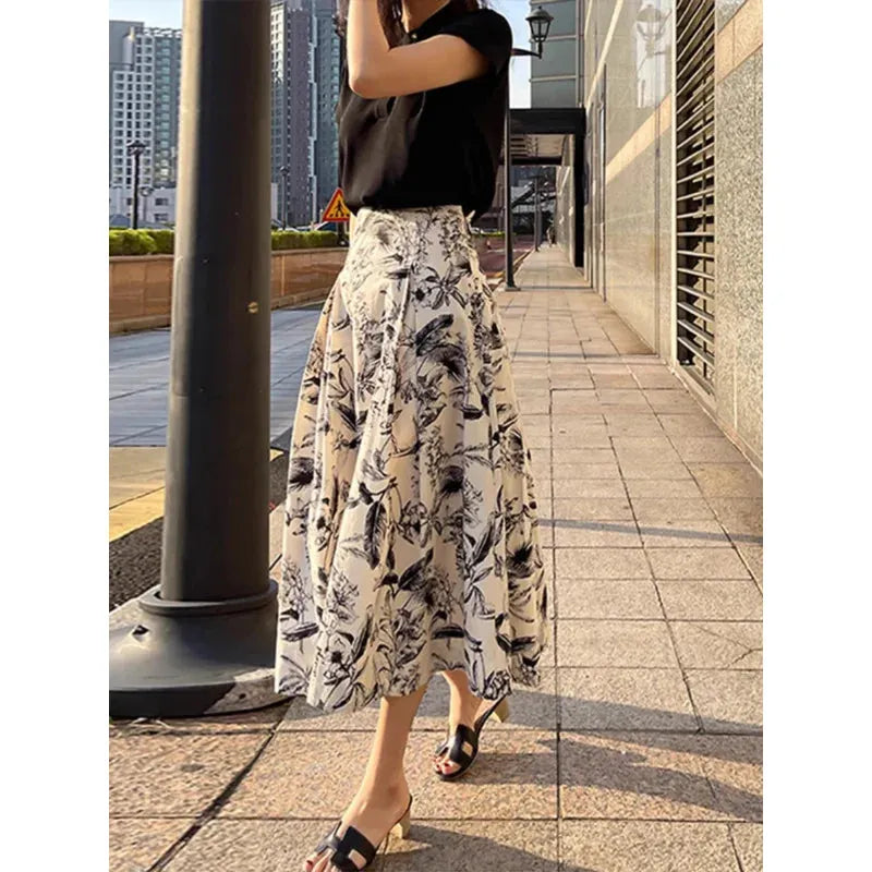 Ink Painting Skirt Women Autumn Winter High Waist Swing Skirt