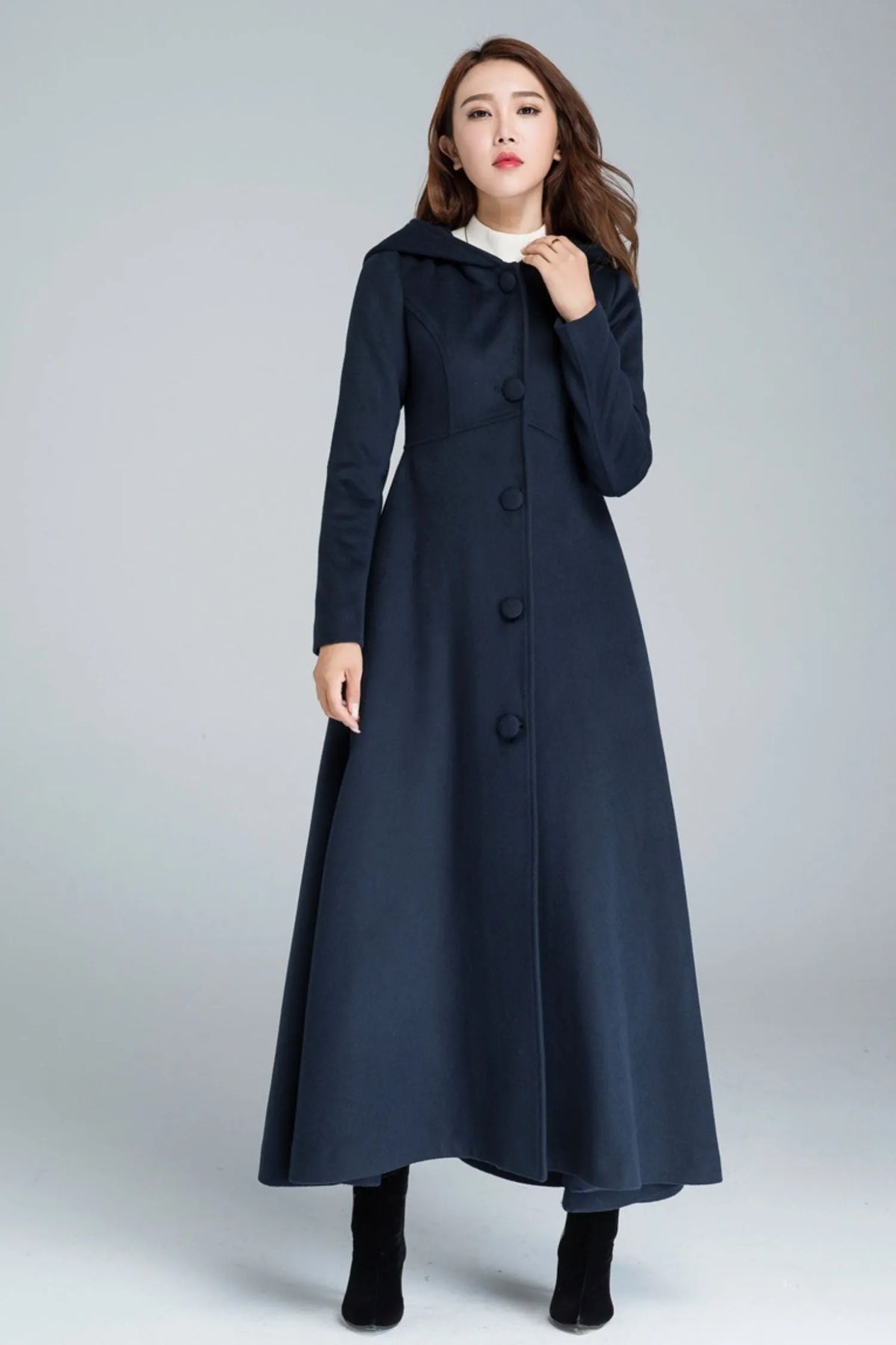 Handmade Blue Wool Coat – Vintage Inspired Hooded Maxi Overcoat 1637