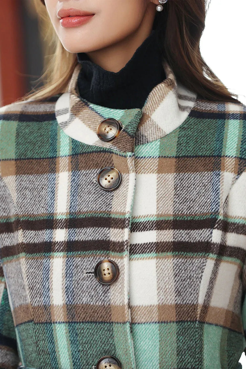 Handmade Green Plaid Wool Coat – Vintage Belted Long Winter Overcoat 