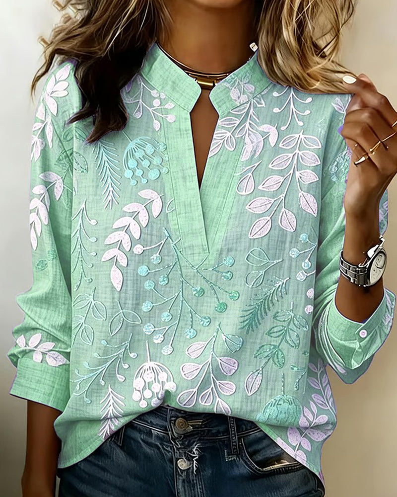 Women's V-Neck Floral Embroidered Blouse, Long Sleeve Notch Collar Linen Blend Top