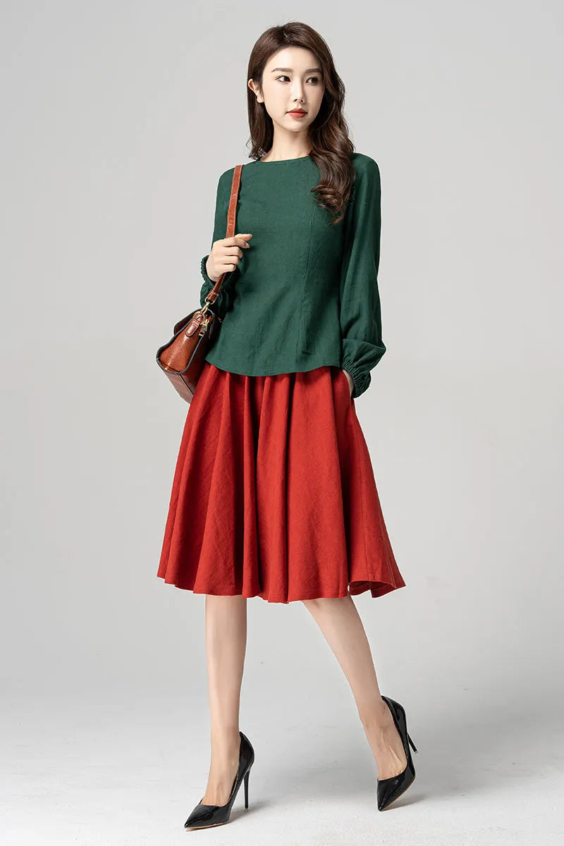 Green Linen Blouse - Lantern Sleeve Relaxed Fit 4183