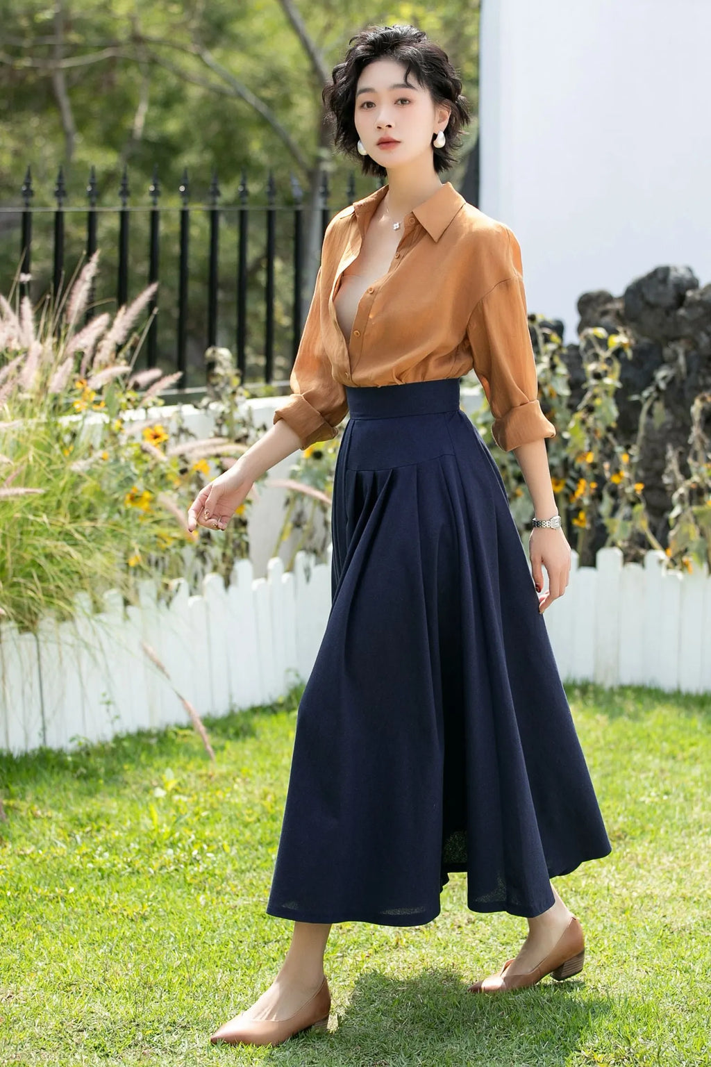 Deep Navy Linen Cotton Midi Skirt High Waist 