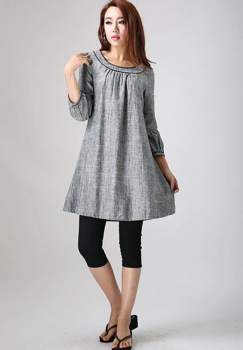Grey Linen Cotton Tunic Dress – Women’s Loose Fit Long Sleeve Casual Dress 0783