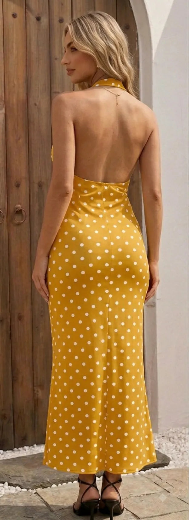 Halter Neck Backless Polka Dot Maxi Dress