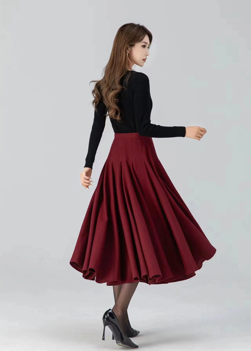 Women's Red Wool Swing Midi Skirt – Warm Winter Pleated High Waist Skirt 