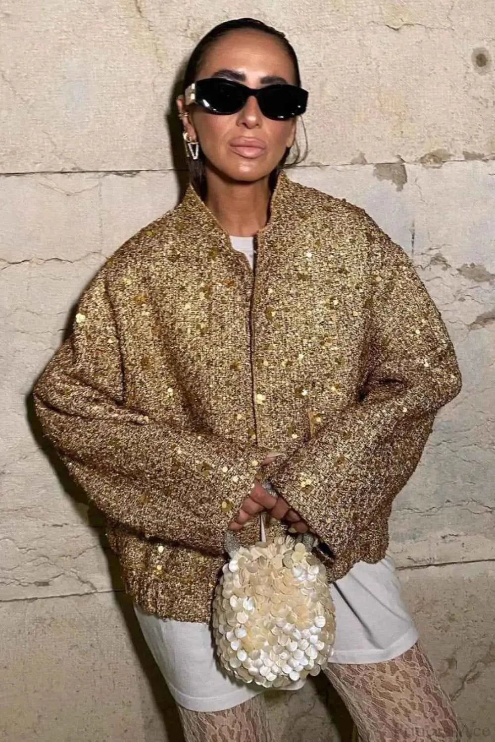 Sequin Coat with Stand Collar and Flap Pockets