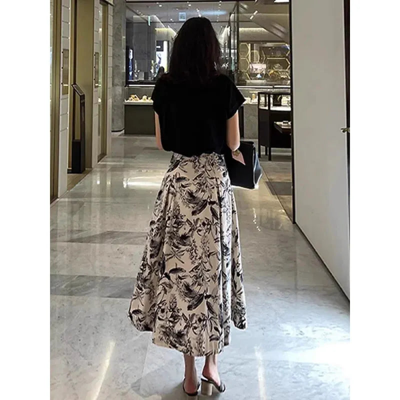 Ink Painting Skirt Women Autumn Winter High Waist Swing Skirt