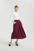 Burgundy Linen Midi Skirt - Pleated Paperbag Waist 2038