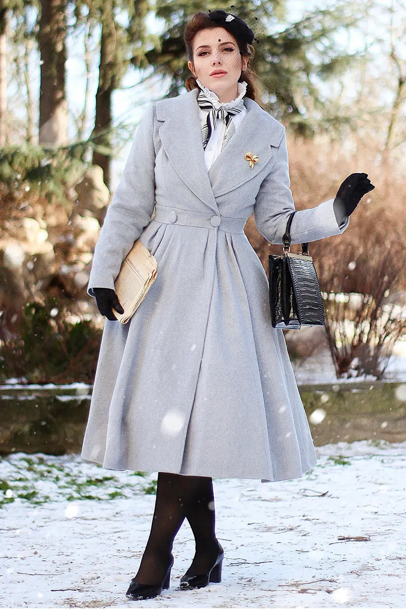 Handmade Light Gray Wool Coat – Vintage Fit & Flare Double-Breasted Princess Coat 