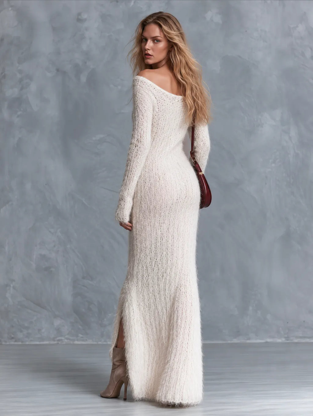 Vintage & Cozy V-Neck Deer Motif Ivory Long Shaggy-Knit Maxi Dress