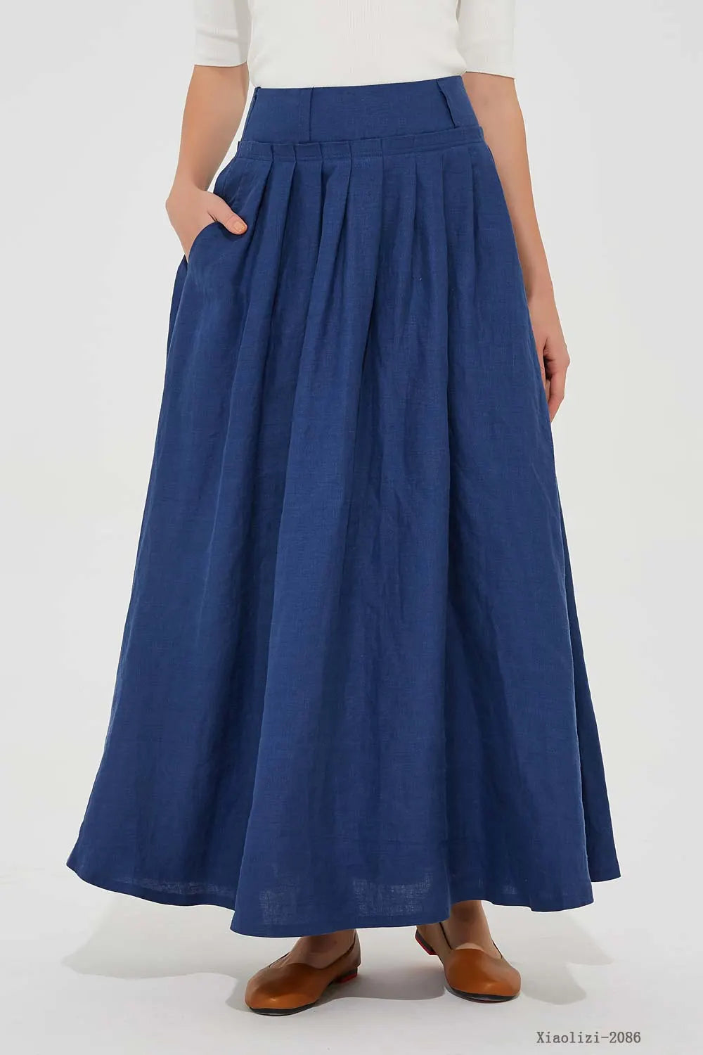 Blue Linen Maxi Skirt - Handmade Pleated Waist with Pockets 2086