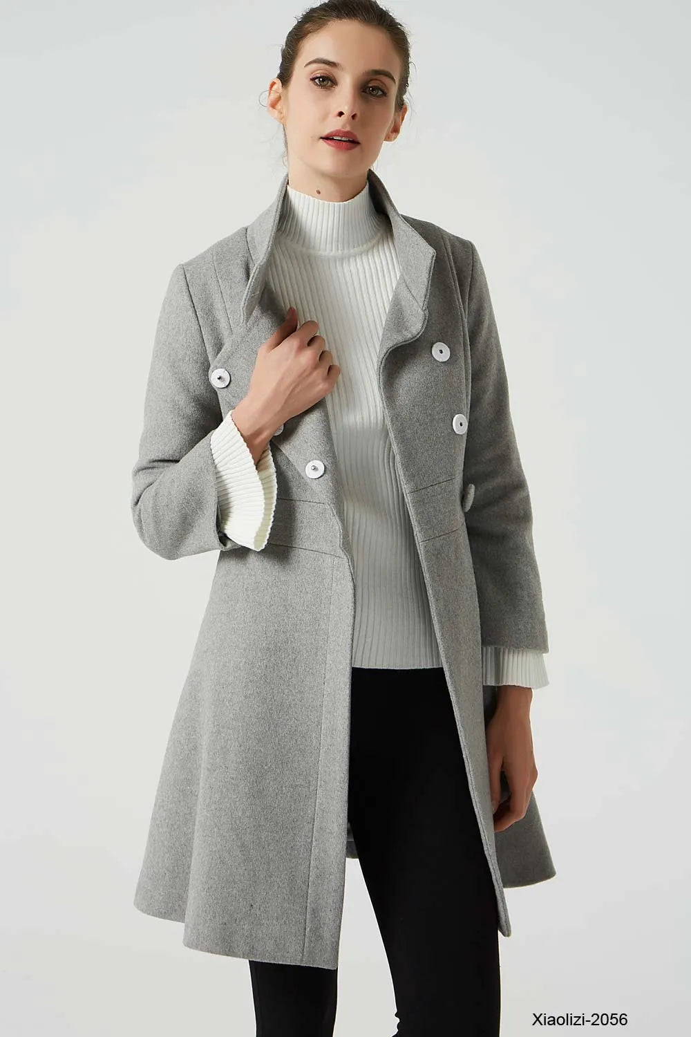 Light Grey Wool Coat - Fitted Waist with Stand-Up Collar 2056