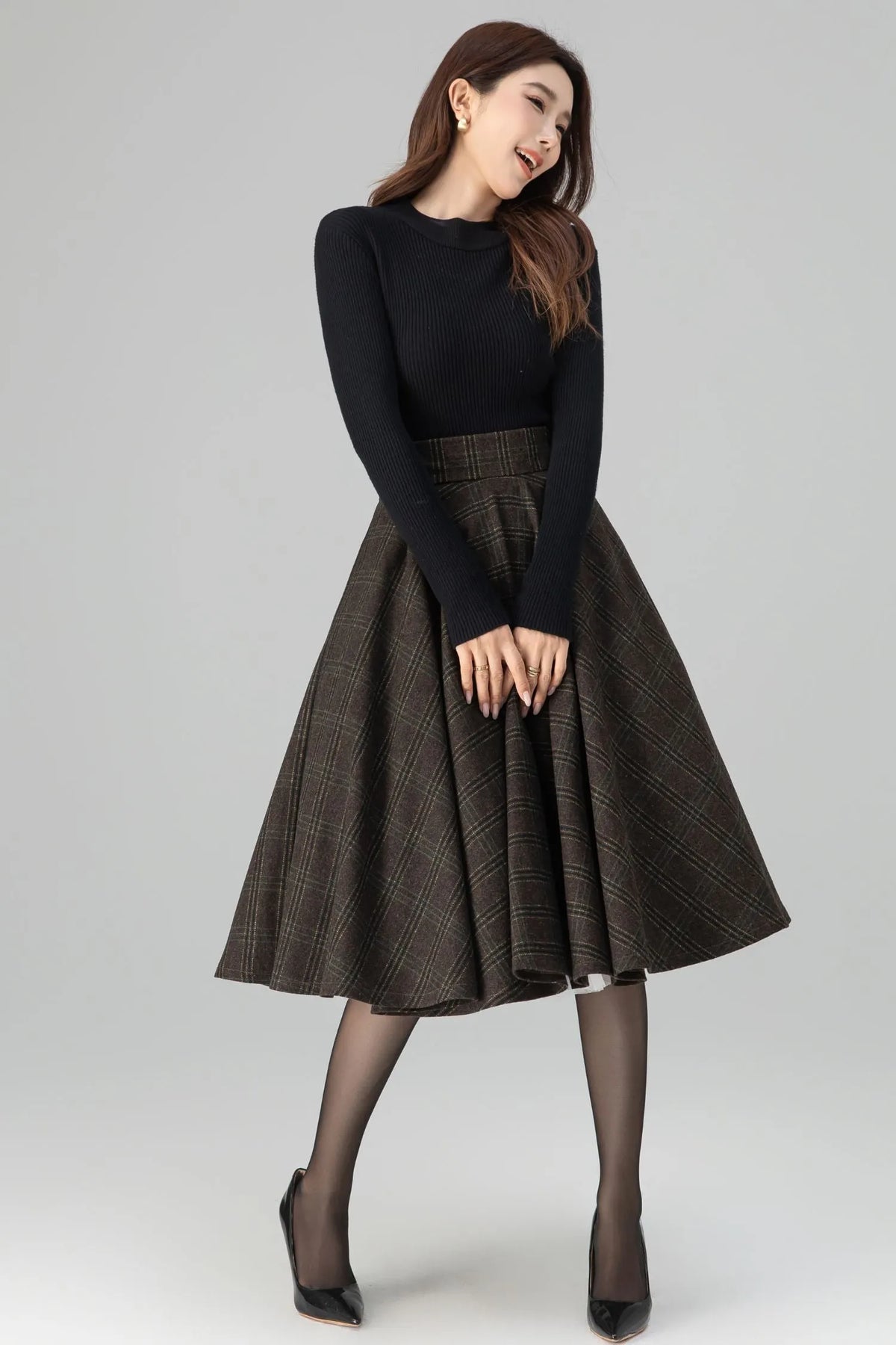 Brown Wool Midi Skirt - High-Waisted Wide Waistband Circle Silhouette 6396