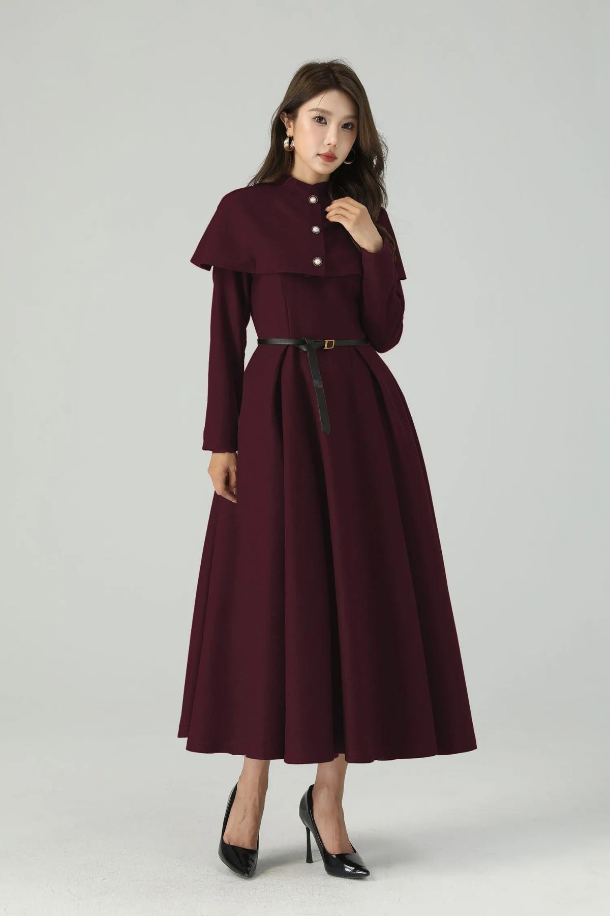 Burgundy Wool Blend Maxi Dress - Detachable Cape & Belted Waist 6434
