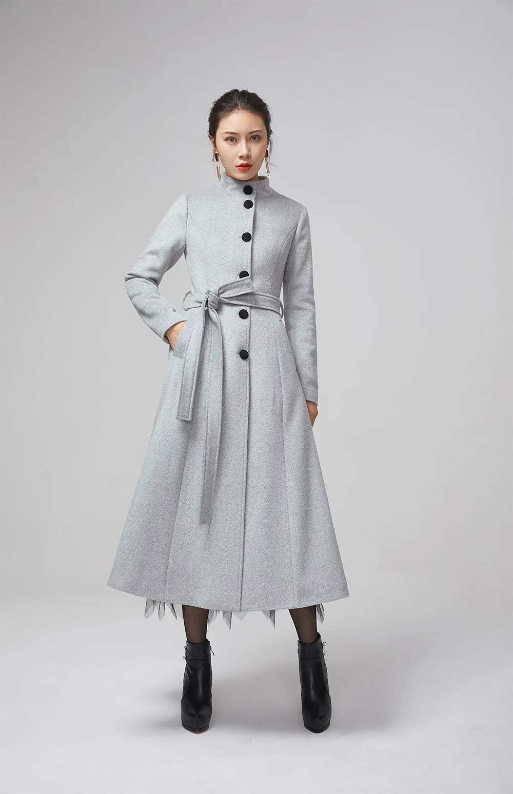 Light Grey Wool Coat – Women’s Vintage Stand Collar Winter Midi Coat with Belt 2205