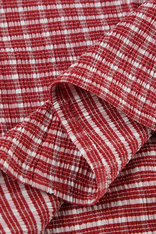 Vintage Red Plaid Polo Collar Button-Down Cropped Blouse