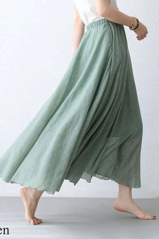 Boho Linen Maxi Skirt, Pleated Elastic Waist 