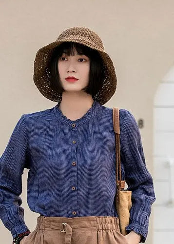 Blue Linen Blouse - Vintage Check Ruffle Crew Neck 2833