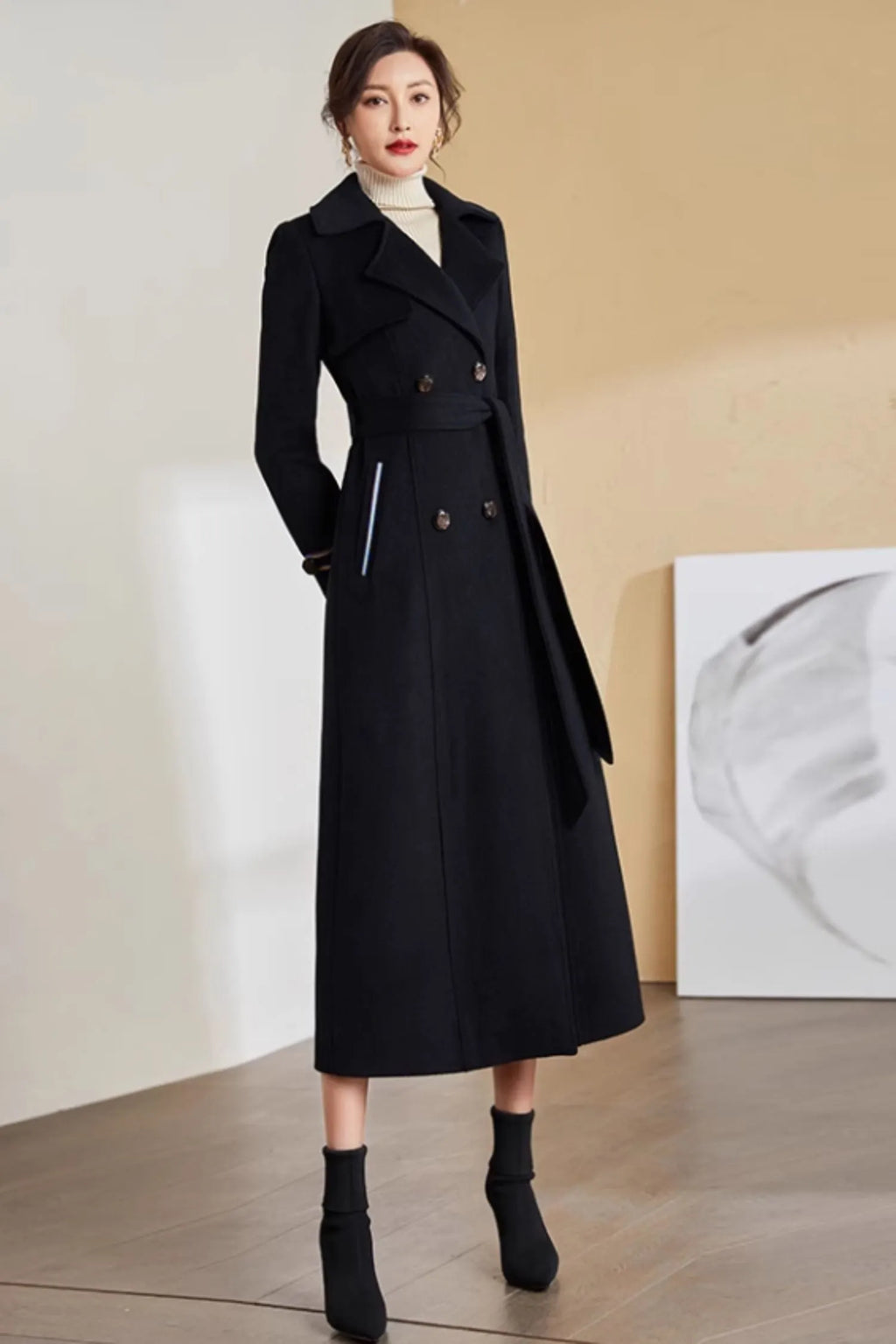 Black Wool Long Coat - Tie Belt Waist, Lapel Collar 5283