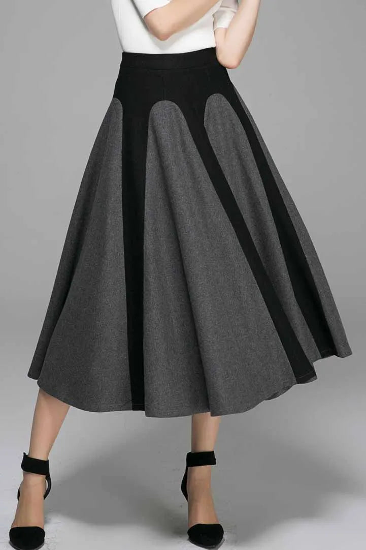Handmade Two-Tone Gray Wool Maxi Skirt – Elegant Winter Swing Skirt 