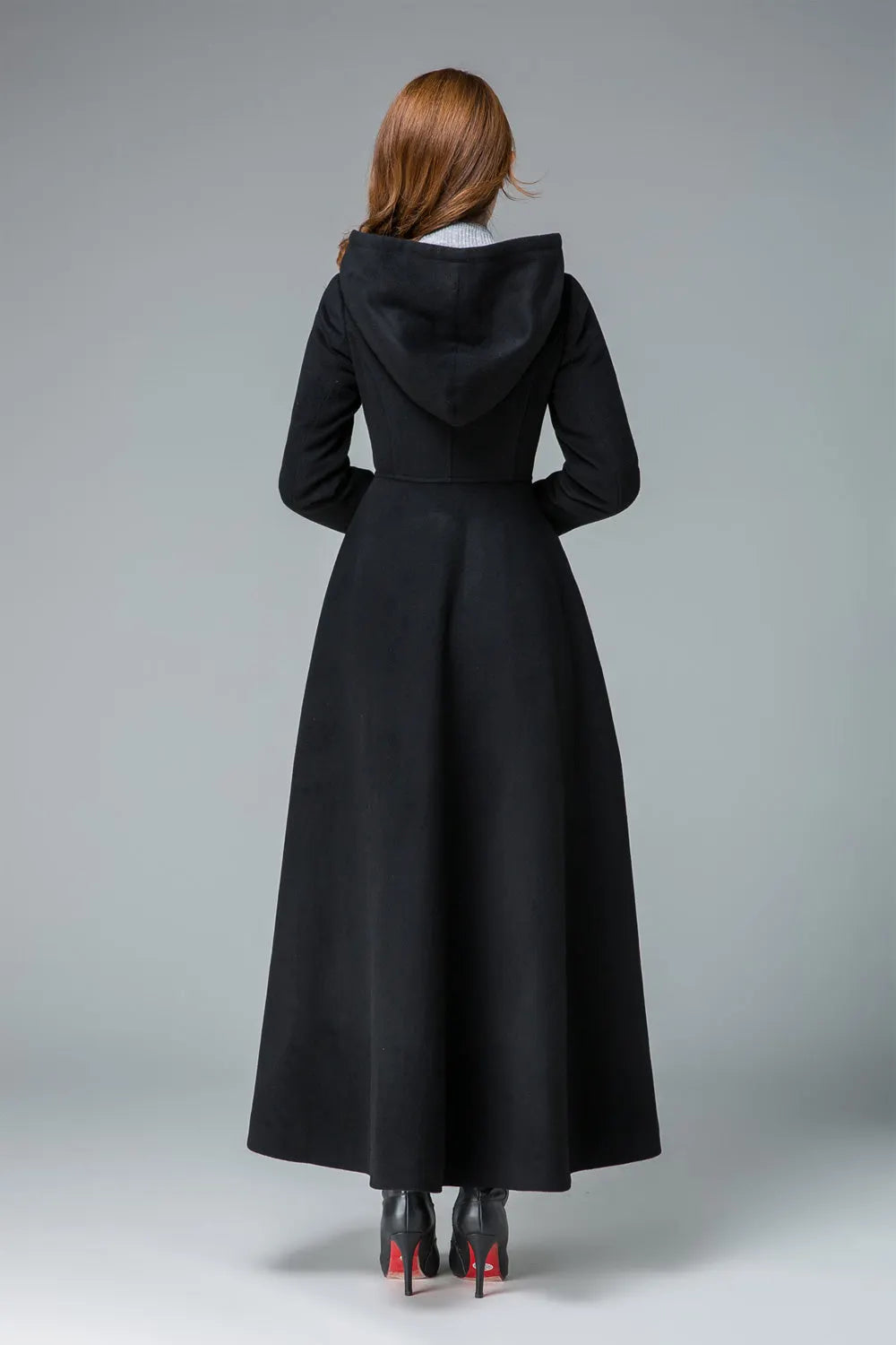 Black Wool Hooded Coat – Vintage A-Line Maxi Overcoat for Women 1839