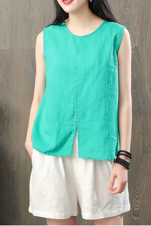 White Linen Sleeveless Tunic Top - Breathable Loose Fit J124