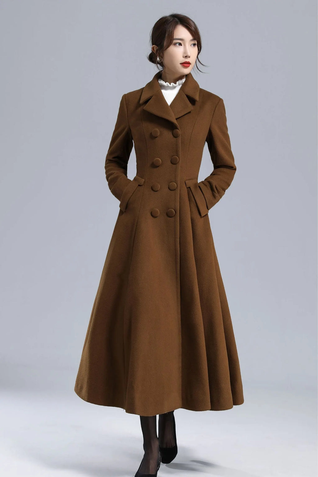 Chocolate Brown Wool Maxi Coat – Vintage Double Breasted Long Overcoat 3238