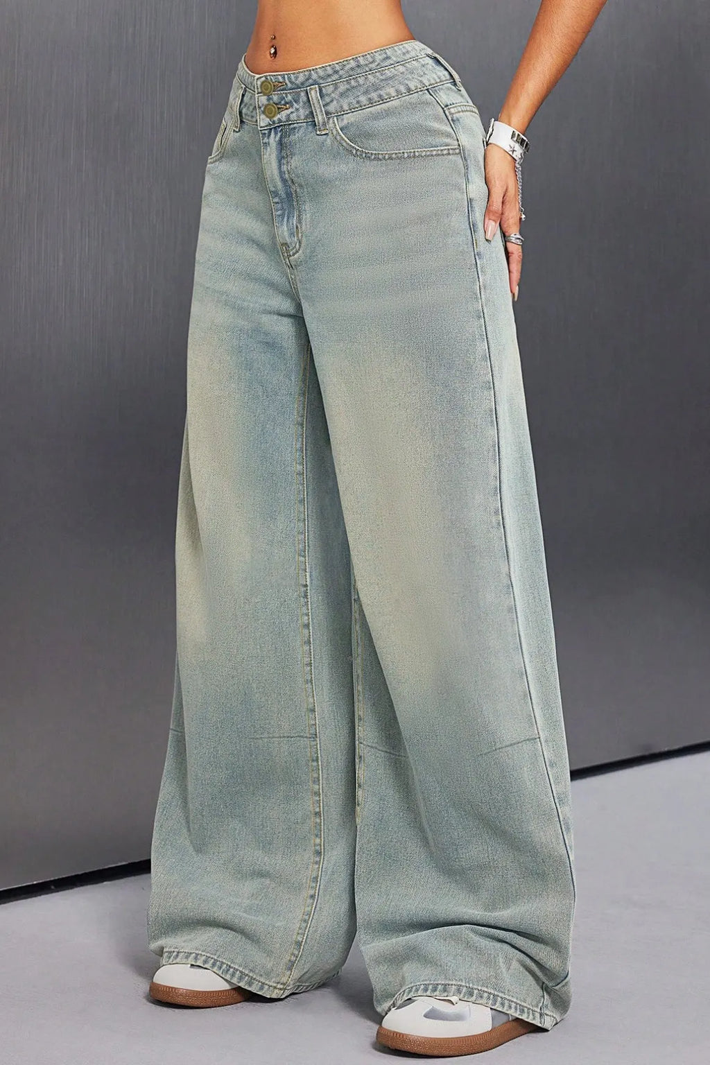 Button Front Vintage Wide Jeans